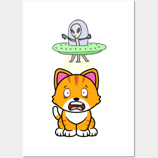 Cute orange cat is abducted by aliens Posters and Art